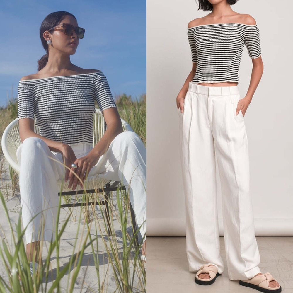 Eleven Six Striped Off‎ Shoulder Knit Sweater Top Navy White Pima Cotton Size S - Picture 5 of 7